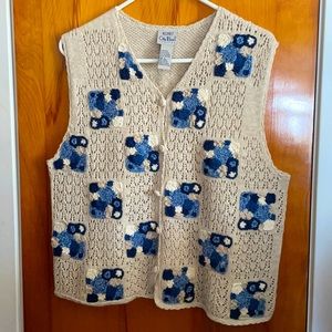 Knit Vest Sweater Blue Cream Patchwork Grandma Petite Large